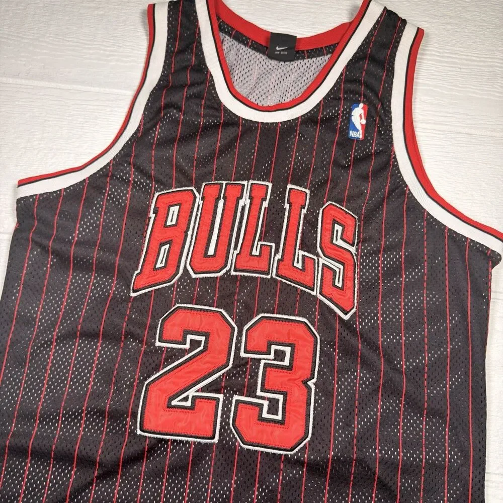 Nike Michael Jordan Bulls 23 Jersey Black Pinstripe Authentic 50 L Flight 8403